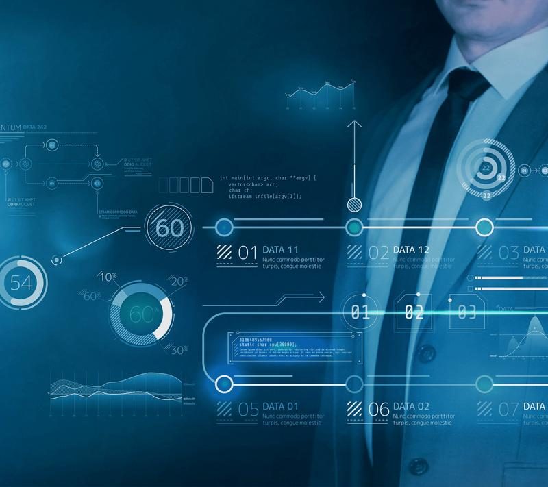 Businessman and abstract infographics in augmented reality.