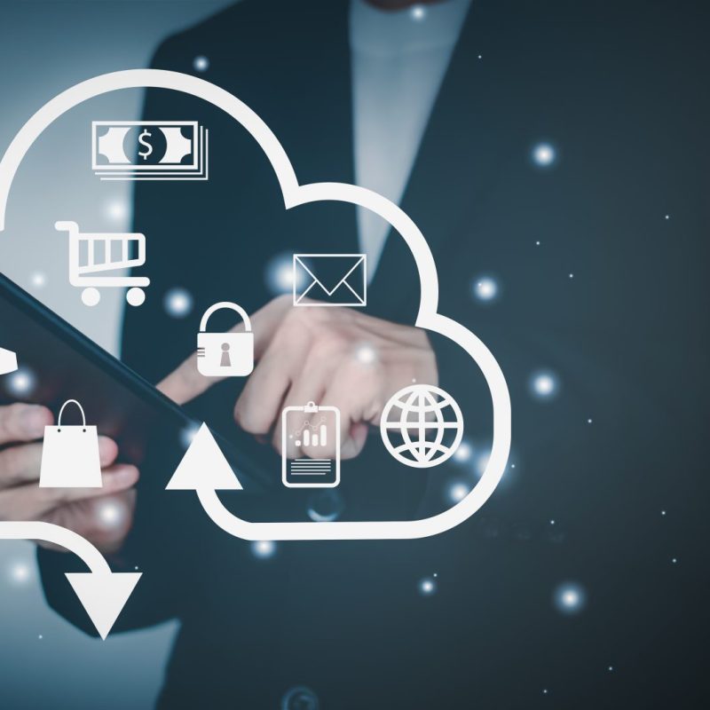 cloud computing technology concept internet storage network system bigdata business man wearing black suit finger touch tablet