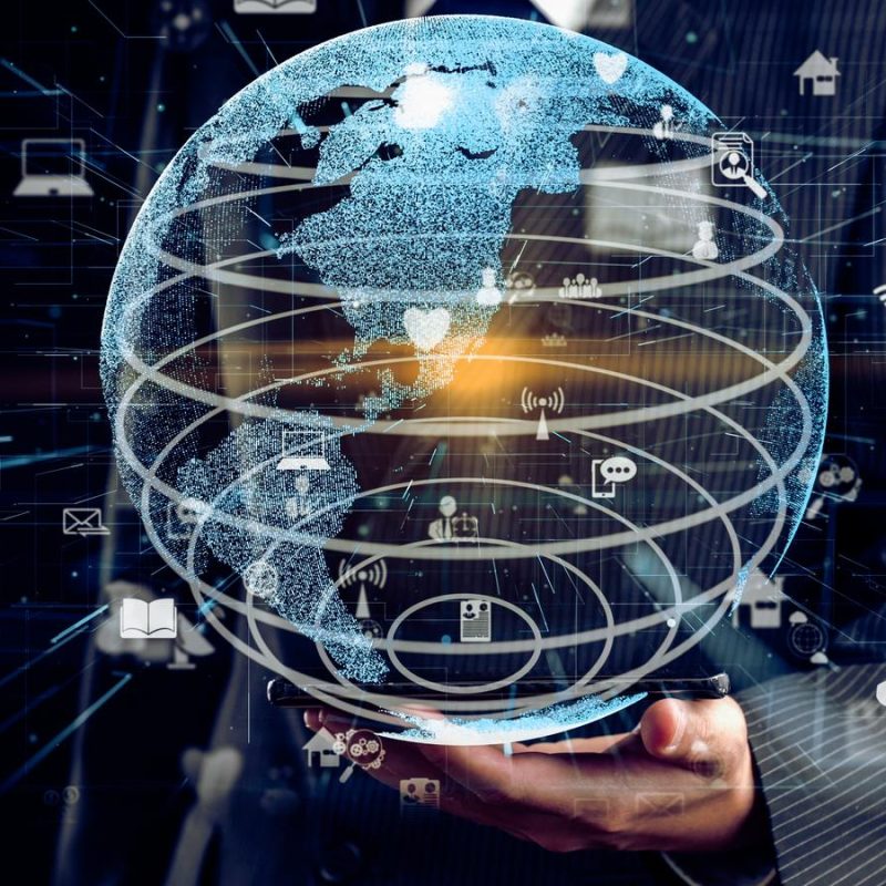 48563594 businessman show hologram of global network communication allusive technology