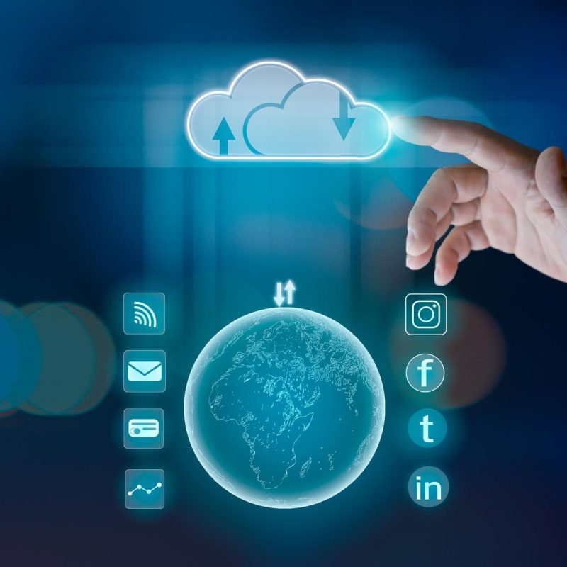 Finger pointing at the hologram cloud Represents search, communi