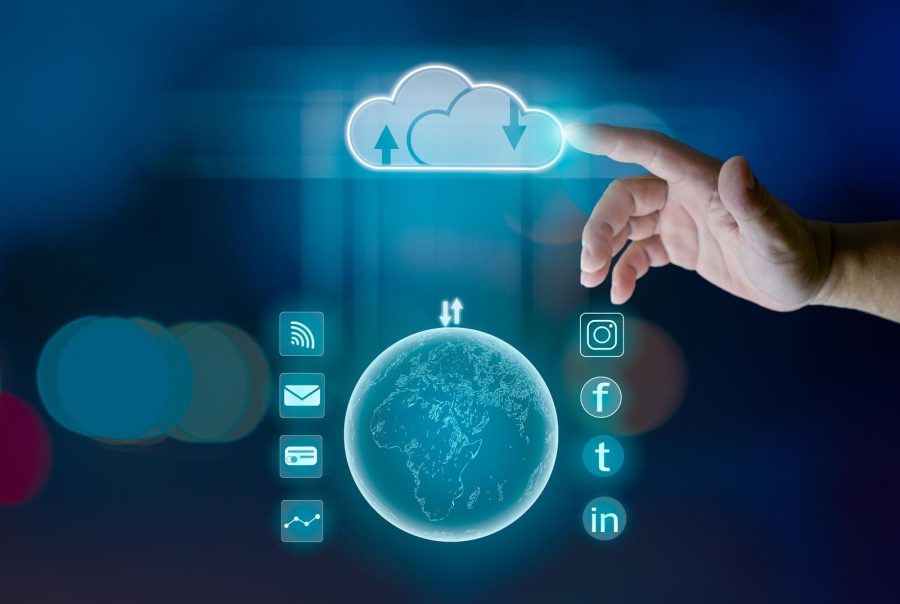Finger pointing at the hologram cloud Represents search, communi